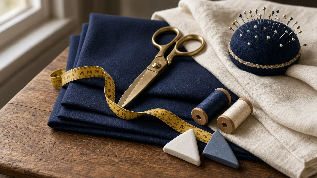 Brass tailor's scissors, a measuring tape, a pin cushion and thread spools on folded navy wool and cream linen